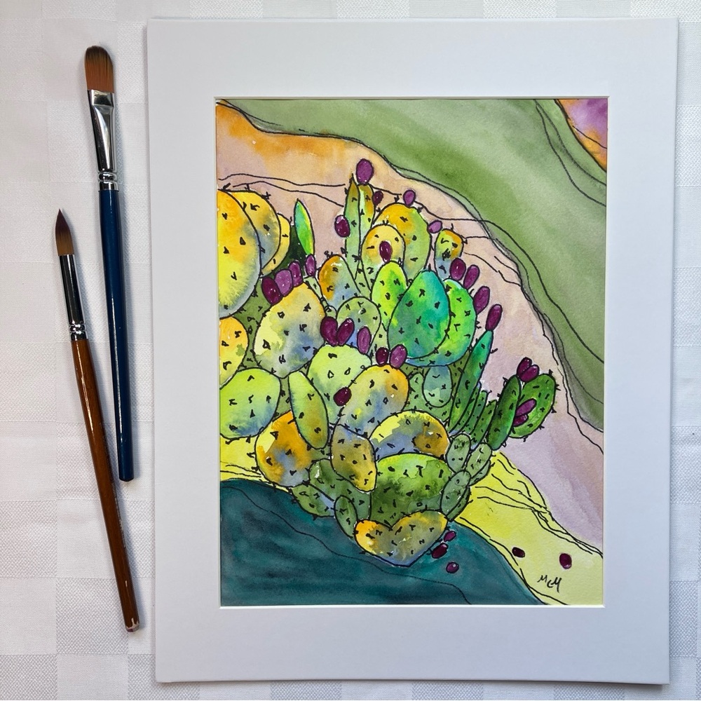 Abstract Prickly Pear Cactus Desert Landscape Original Watercolor Wall Art Paint